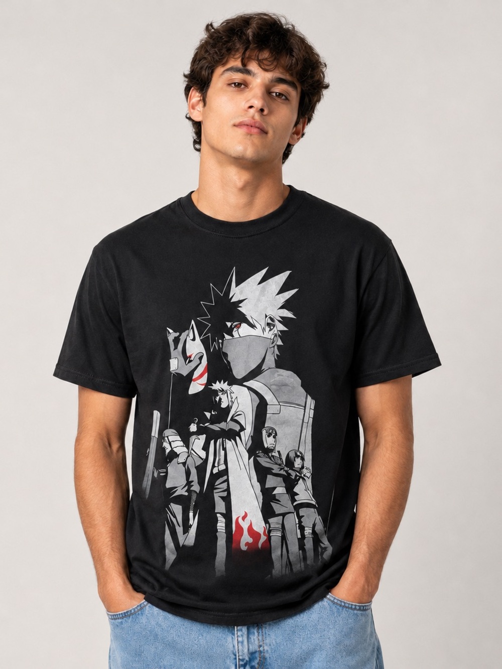 Men's Black Anime Graphic Short Sleeve Tee — Stylized Character Print
